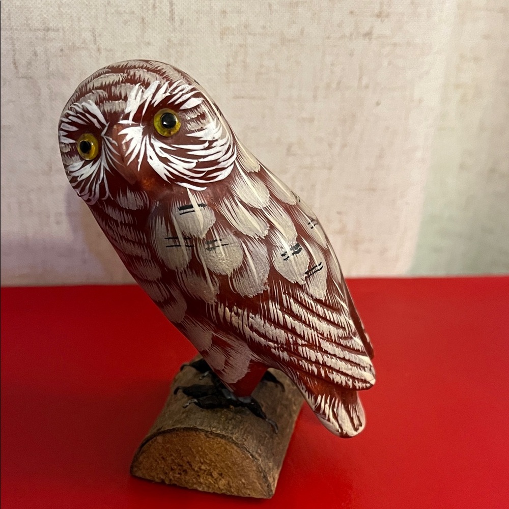 Hand-carved and hand-painted ceramic owl, handcrafted decorative figurine 4.25”H